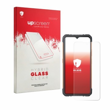Vorderseite einer Produktverpackung mit dem Markenlogo upscreen. Daneben ist das Gerät Cubot KingKong Ace 5 mit dem zugehörige