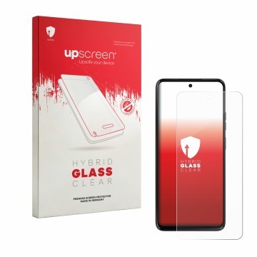 Vorderseite einer Produktverpackung mit dem Markenlogo upscreen. Daneben ist das Gerät Motorola Moto G47 mit dem zugehörigen D
