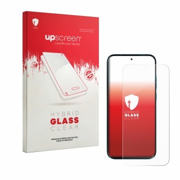 Vorderseite einer Produktverpackung mit dem Markenlogo upscreen. Daneben ist das Gerät Motorola Moto G87 mit dem zugehörigen D