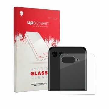 Vorderseite einer Produktverpackung mit dem Markenlogo upscreen. Daneben ist das Gerät Motorola Razr 70 Plus (Hinteres Display