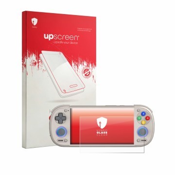 Parte frontal de un envase de producto con el logotipo de la marca upscreen. Al lado se muestra el dispositivo Retroid Pocket 