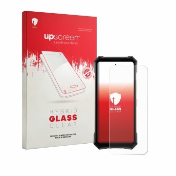 Parte frontale di una confezione del prodotto con il logo del marchio upscreen. Accanto è raffigurato il dispositivo Doogee S3