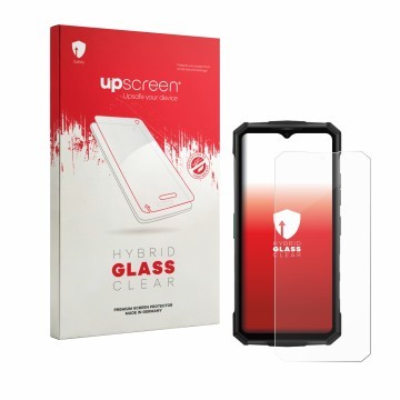 Vorderseite einer Produktverpackung mit dem Markenlogo upscreen. Daneben ist das Gerät Doogee Fire 7 Pro mit dem zugehörigen D
