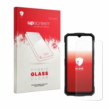 Vorderseite einer Produktverpackung mit dem Markenlogo upscreen. Daneben ist das Gerät Doogee Fire 5 Pro mit dem zugehörigen D
