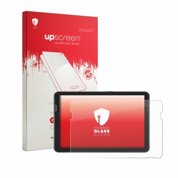 Parte frontale di una confezione del prodotto con il logo del marchio upscreen. Accanto è raffigurato il dispositivo Zebra ET4