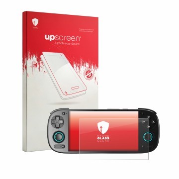 Parte frontal de un envase de producto con el logotipo de la marca upscreen. Al lado se muestra el dispositivo Retroid Pocket 