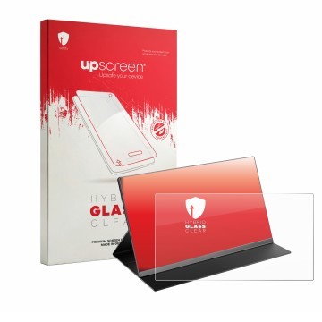 Vorderseite einer Produktverpackung mit dem Markenlogo upscreen. Daneben ist das Gerät Laptomo 15.6