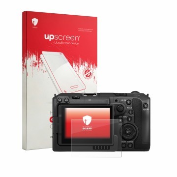 Vorderseite einer Produktverpackung mit dem Markenlogo upscreen. Daneben ist das Gerät Canon EOS C50 mit dem zugehörigen Displ