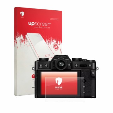 Parte frontale di una confezione del prodotto con il logo del marchio upscreen. Accanto è raffigurato il dispositivo Fujifilm 