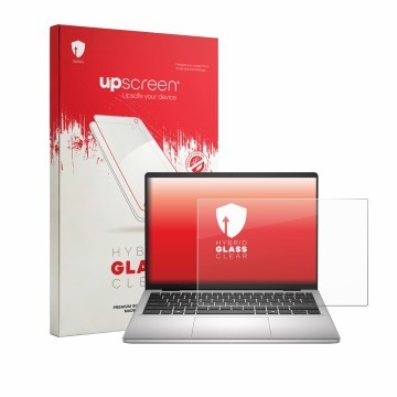 Parte frontal de un envase de producto con el logotipo de la marca upscreen. Al lado se muestra el dispositivo Dell Dell Pro 1