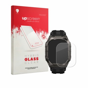 Vorderseite einer Produktverpackung mit dem Markenlogo upscreen. Daneben ist das Gerät Kospet Tank M4C mit dem zugehörigen Dis