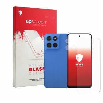 Vorderseite einer Produktverpackung mit dem Markenlogo upscreen. Daneben ist das Gerät Motorola Moto G57 (Display+Kamera) mit 