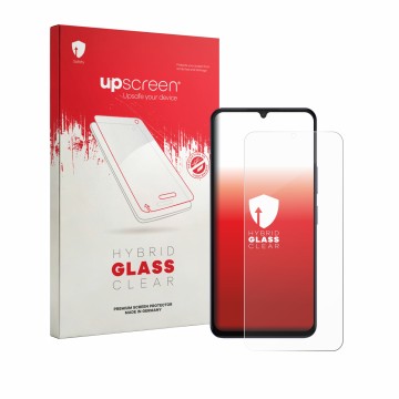 Parte frontale di una confezione del prodotto con il logo del marchio upscreen. Accanto è raffigurato il dispositivo Itel Zeno