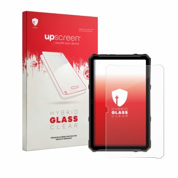 Parte frontal de un envase de producto con el logotipo de la marca upscreen. Al lado se muestra el dispositivo Ulefone Armor P