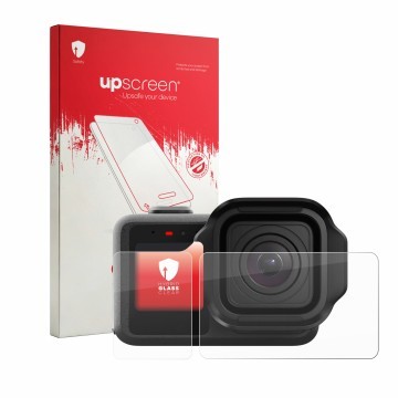 Parte frontale di una confezione del prodotto con il logo del marchio upscreen. Accanto è raffigurato il dispositivo GoPro Mis
