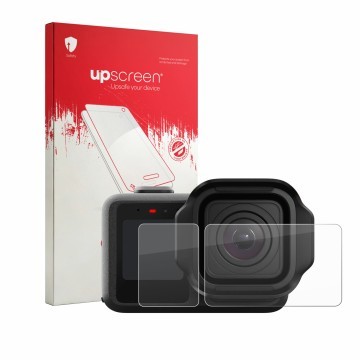 Parte frontale di una confezione del prodotto con il logo del marchio upscreen. Accanto è raffigurato il dispositivo GoPro Mis