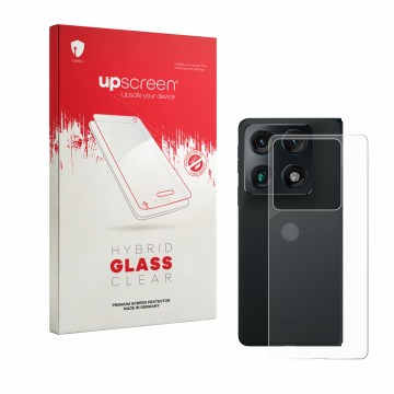 Vorderseite einer Produktverpackung mit dem Markenlogo upscreen. Daneben ist das Gerät Motorola Razr Fold (Rückseite) mit dem 