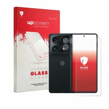 Parte frontale di una confezione del prodotto con il logo del marchio upscreen. Accanto è raffigurato il dispositivo Motorola 