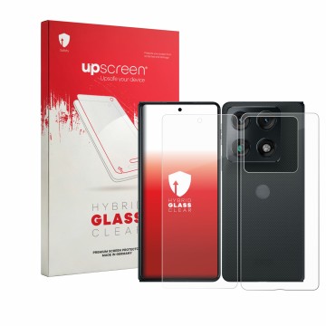 Vorderseite einer Produktverpackung mit dem Markenlogo upscreen. Daneben ist das Gerät Motorola Razr Fold (Display+Rückseite) 
