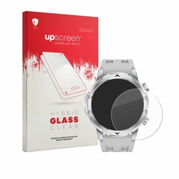 Face avant d’un emballage produit avec le logo de la marque upscreen. À côté, l’appareil FitVigor Smartwatch 1.53