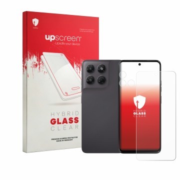 Vorderseite einer Produktverpackung mit dem Markenlogo upscreen. Daneben ist das Gerät Motorola Moto G37 (Display+Kamera) mit 