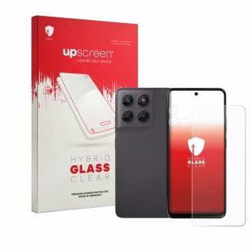 Vorderseite einer Produktverpackung mit dem Markenlogo upscreen. Daneben ist das Gerät Motorola Moto G47 (Display+Kamera) mit 