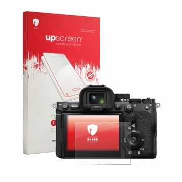 Parte frontale di una confezione del prodotto con il logo del marchio upscreen. Accanto è raffigurato il dispositivo Sony Alph