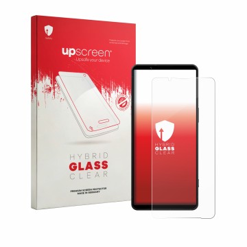 Parte frontale di una confezione del prodotto con il logo del marchio upscreen. Accanto è raffigurato il dispositivo Sony Xper