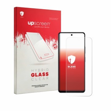 Vorderseite einer Produktverpackung mit dem Markenlogo upscreen. Daneben ist das Gerät Infinix Hot 70 mit dem zugehörigen Disp