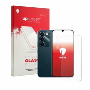 Face avant d’un emballage produit avec le logo de la marque upscreen. À côté, l’appareil realme C100 5G (Avant+Caméra) est rep