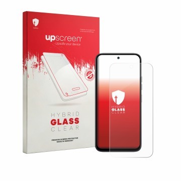 Parte frontal de un envase de producto con el logotipo de la marca upscreen. Al lado se muestra el dispositivo Tecno Spark 50 