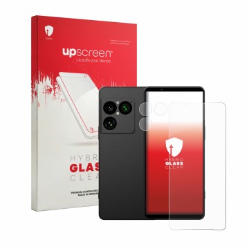 Parte frontale di una confezione del prodotto con il logo del marchio upscreen. Accanto è raffigurato il dispositivo Sony Xper