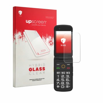 Face avant d’un emballage produit avec le logo de la marque upscreen. À côté, l’appareil AGM M8 FLIP est représenté avec la pr