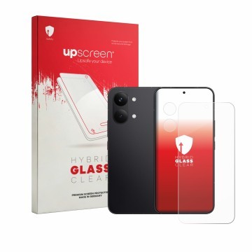 Parte frontal de un envase de producto con el logotipo de la marca upscreen. Al lado se muestra el dispositivo Xiaomi Poco X8 