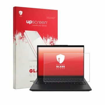 Parte frontale di una confezione del prodotto con il logo del marchio upscreen. Accanto è raffigurato il dispositivo Lenovo Th