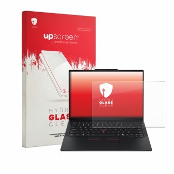 Face avant d’un emballage produit avec le logo de la marque upscreen. À côté, l’appareil Lenovo ThinkPad T14s Gen 7 est représ