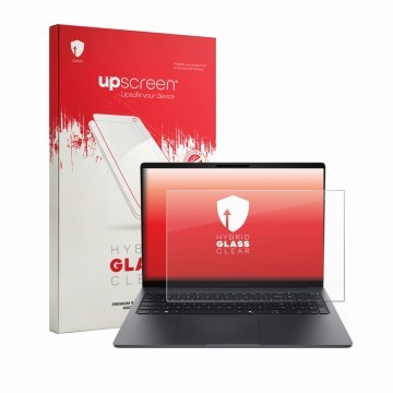 Parte frontal de un envase de producto con el logotipo de la marca upscreen. Al lado se muestra el dispositivo Dell Pro 5 Seri