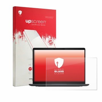 Parte frontal de un envase de producto con el logotipo de la marca upscreen. Al lado se muestra el dispositivo Dell Pro 7 Seri
