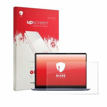 Parte frontal de un envase de producto con el logotipo de la marca upscreen. Al lado se muestra el dispositivo Dell 14S DS1426