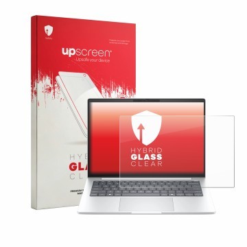 Parte frontal de un envase de producto con el logotipo de la marca upscreen. Al lado se muestra el dispositivo HP EliteBook 8 