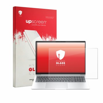 Parte frontal de un envase de producto con el logotipo de la marca upscreen. Al lado se muestra el dispositivo HP EliteBook 8 