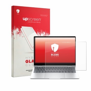 Parte frontal de un envase de producto con el logotipo de la marca upscreen. Al lado se muestra el dispositivo HP EliteBook 8 