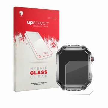 Parte frontal de un envase de producto con el logotipo de la marca upscreen. Al lado se muestra el dispositivo Benyar Smart EF