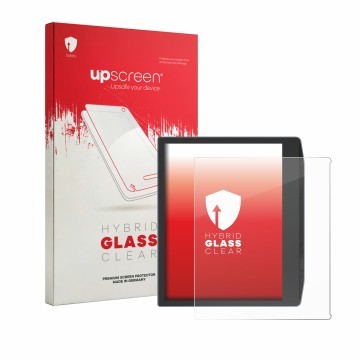 Parte frontal de un envase de producto con el logotipo de la marca upscreen. Al lado se muestra el dispositivo PocketBook Era 