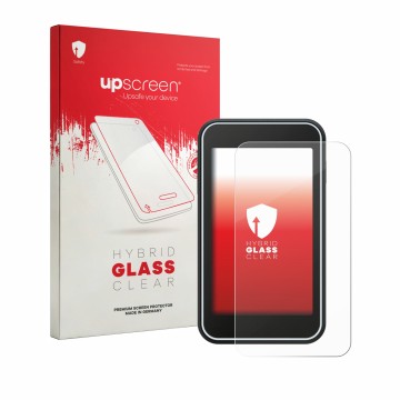 Parte frontal de un envase de producto con el logotipo de la marca upscreen. Al lado se muestra el dispositivo Shot Scope H50 