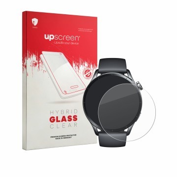 Face avant d’un emballage produit avec le logo de la marque upscreen. À côté, l’appareil Xiaomi Watch S5 est représenté avec l