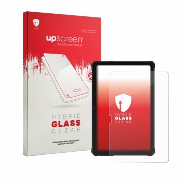 Vorderseite einer Produktverpackung mit dem Markenlogo upscreen. Daneben ist das Gerät Oukitel RT10 mit dem zugehörigen Displa