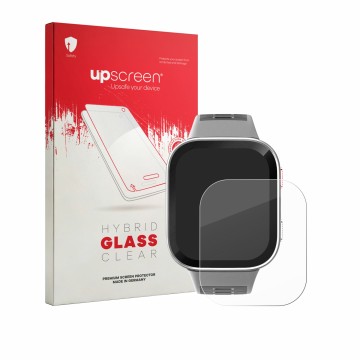 Vorderseite einer Produktverpackung mit dem Markenlogo upscreen. Daneben ist das Gerät Amazfit Bip Max mit dem zugehörigen Dis