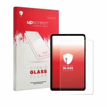 Parte frontal de un envase de producto con el logotipo de la marca upscreen. Al lado se muestra el dispositivo Headwolf FPad 6