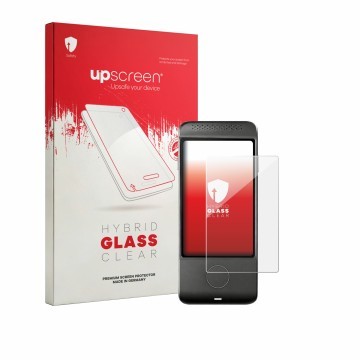 Parte frontal de un envase de producto con el logotipo de la marca upscreen. Al lado se muestra el dispositivo Vasco Translato